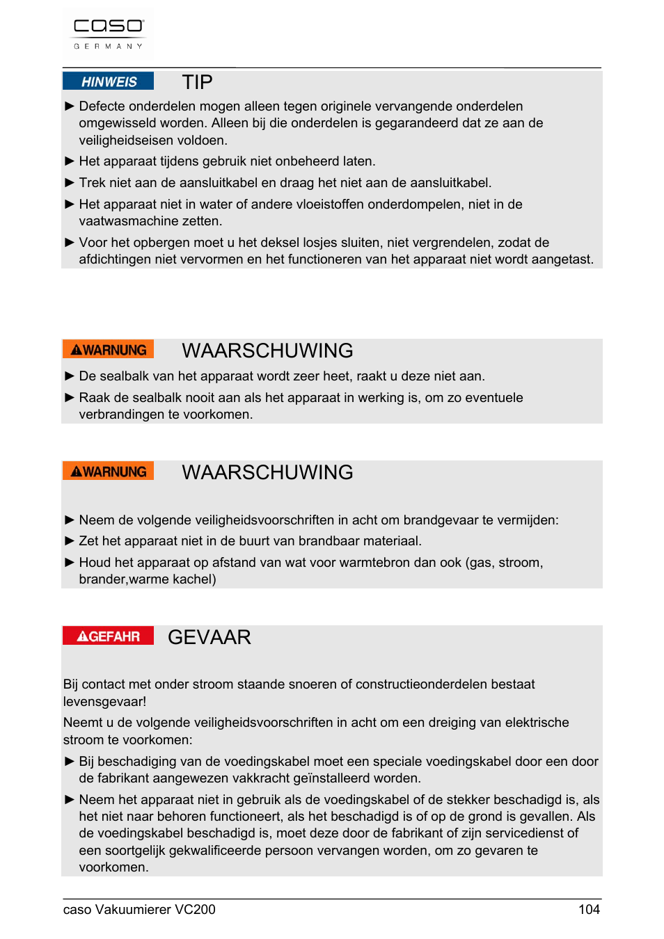 Waarschuwing, Gevaar | CASO Germany VC 200 Vacuum System User Manual | Page 104 / 117