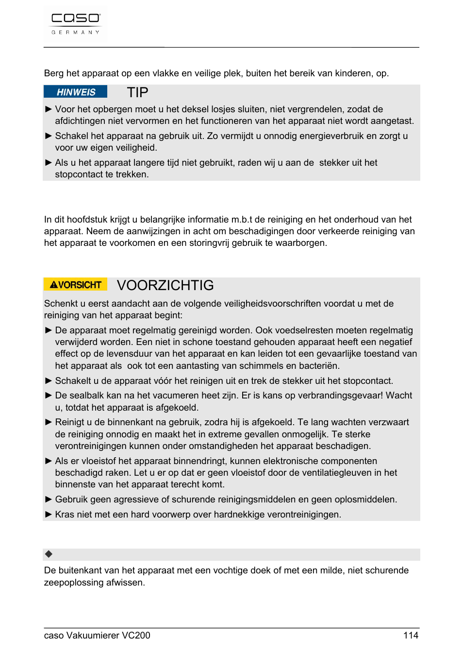 Voorzichtig, 49 reiniging en onderhoud | CASO Germany VC 200 Vacuum System User Manual | Page 114 / 117