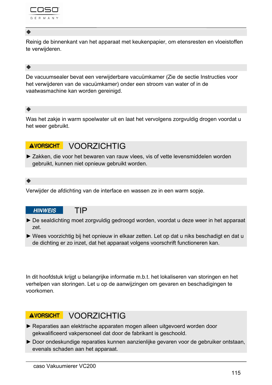 Voorzichtig, 50 storingen verhelpen | CASO Germany VC 200 Vacuum System User Manual | Page 115 / 117