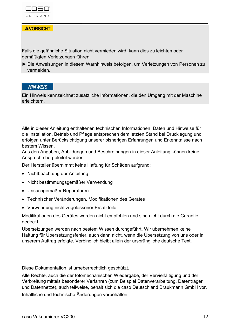 CASO Germany VC 200 Vacuum System User Manual | Page 12 / 117
