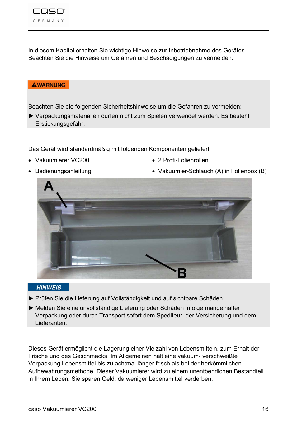 4 inbetriebnahme | CASO Germany VC 200 Vacuum System User Manual | Page 16 / 117