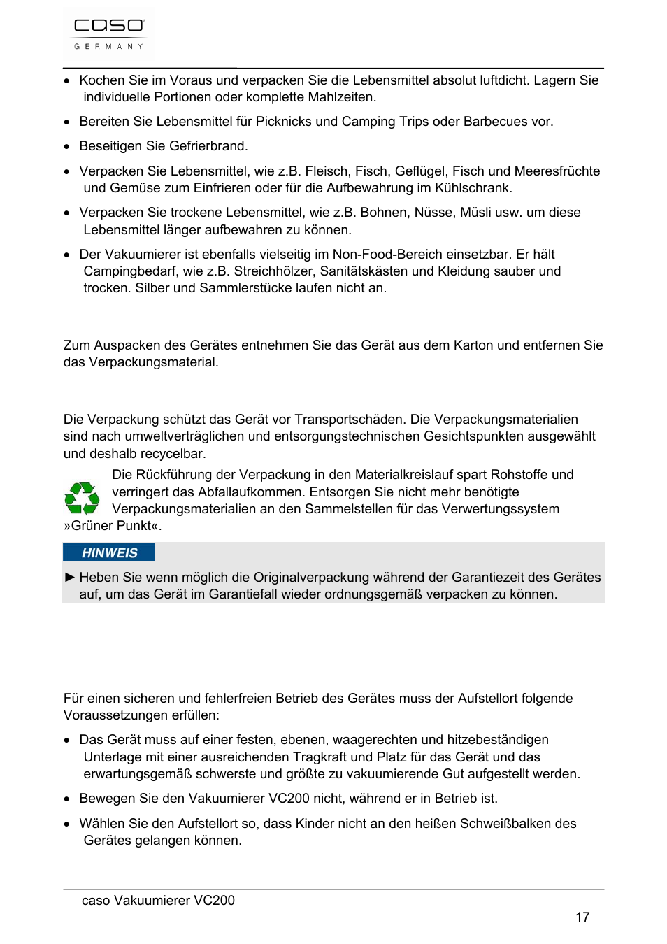 CASO Germany VC 200 Vacuum System User Manual | Page 17 / 117