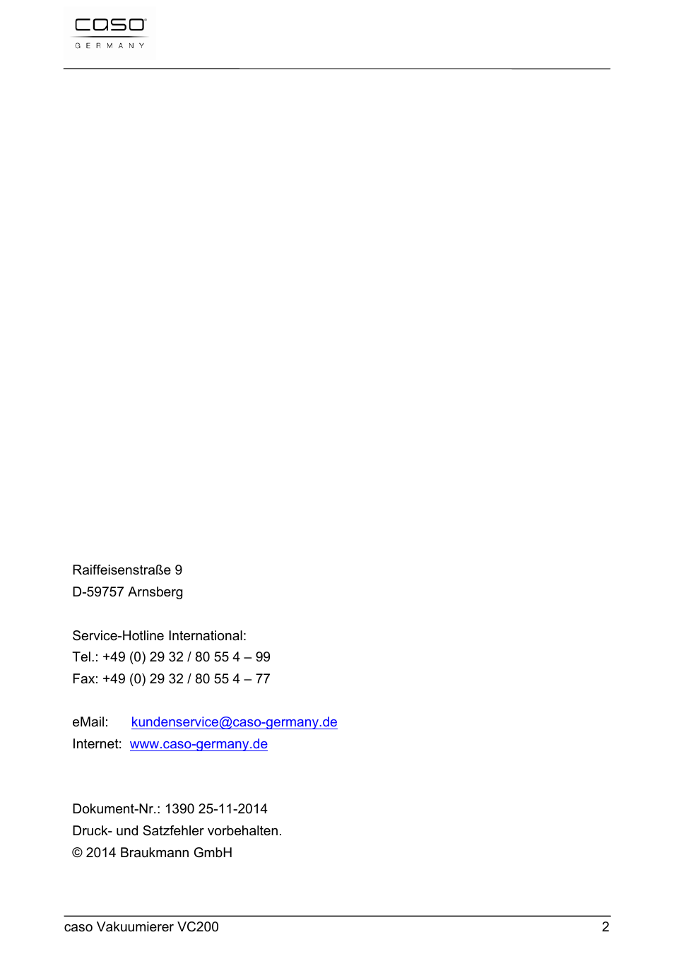 CASO Germany VC 200 Vacuum System User Manual | Page 2 / 117
