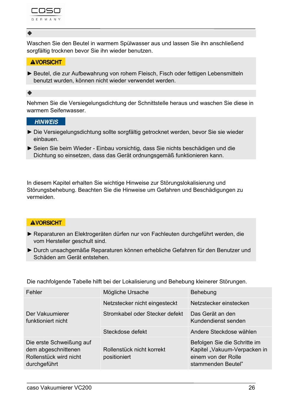 8 störungsbehebung | CASO Germany VC 200 Vacuum System User Manual | Page 26 / 117