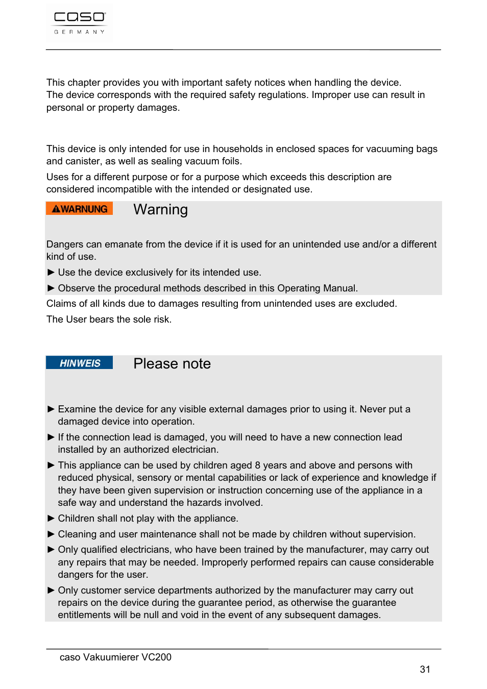 Warning, 11 safety | CASO Germany VC 200 Vacuum System User Manual | Page 31 / 117