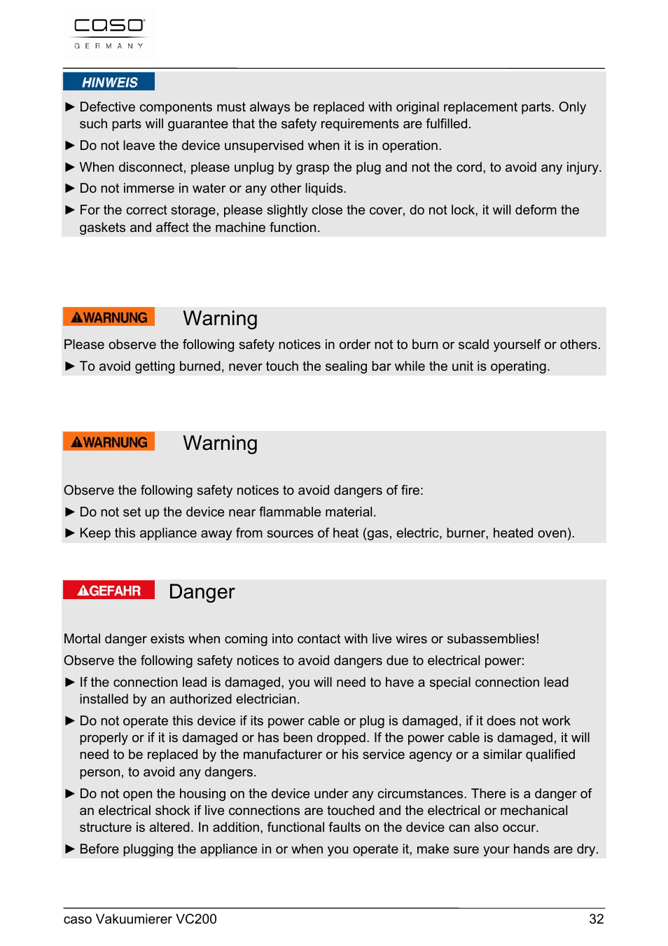 Warning, Danger | CASO Germany VC 200 Vacuum System User Manual | Page 32 / 117