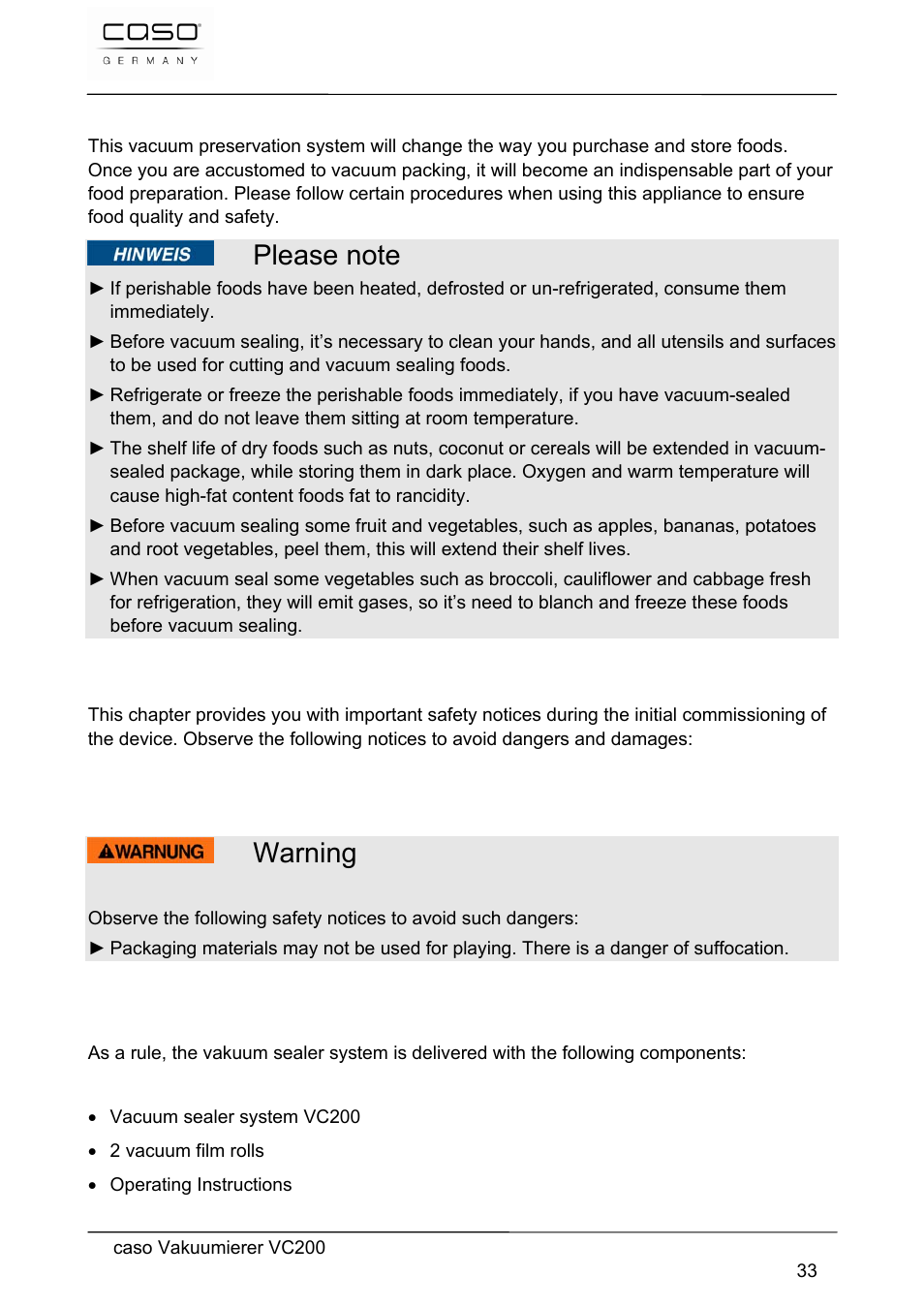 Warning, 12 commissioning | CASO Germany VC 200 Vacuum System User Manual | Page 33 / 117