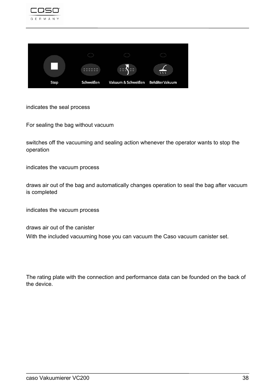 CASO Germany VC 200 Vacuum System User Manual | Page 38 / 117