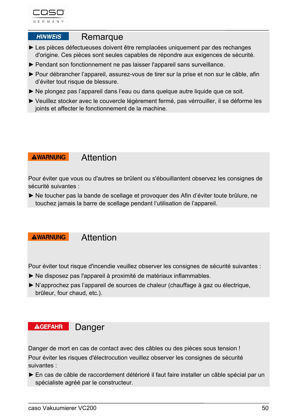 Remarque, Attention, Danger | CASO Germany VC 200 Vacuum System User Manual | Page 50 / 117