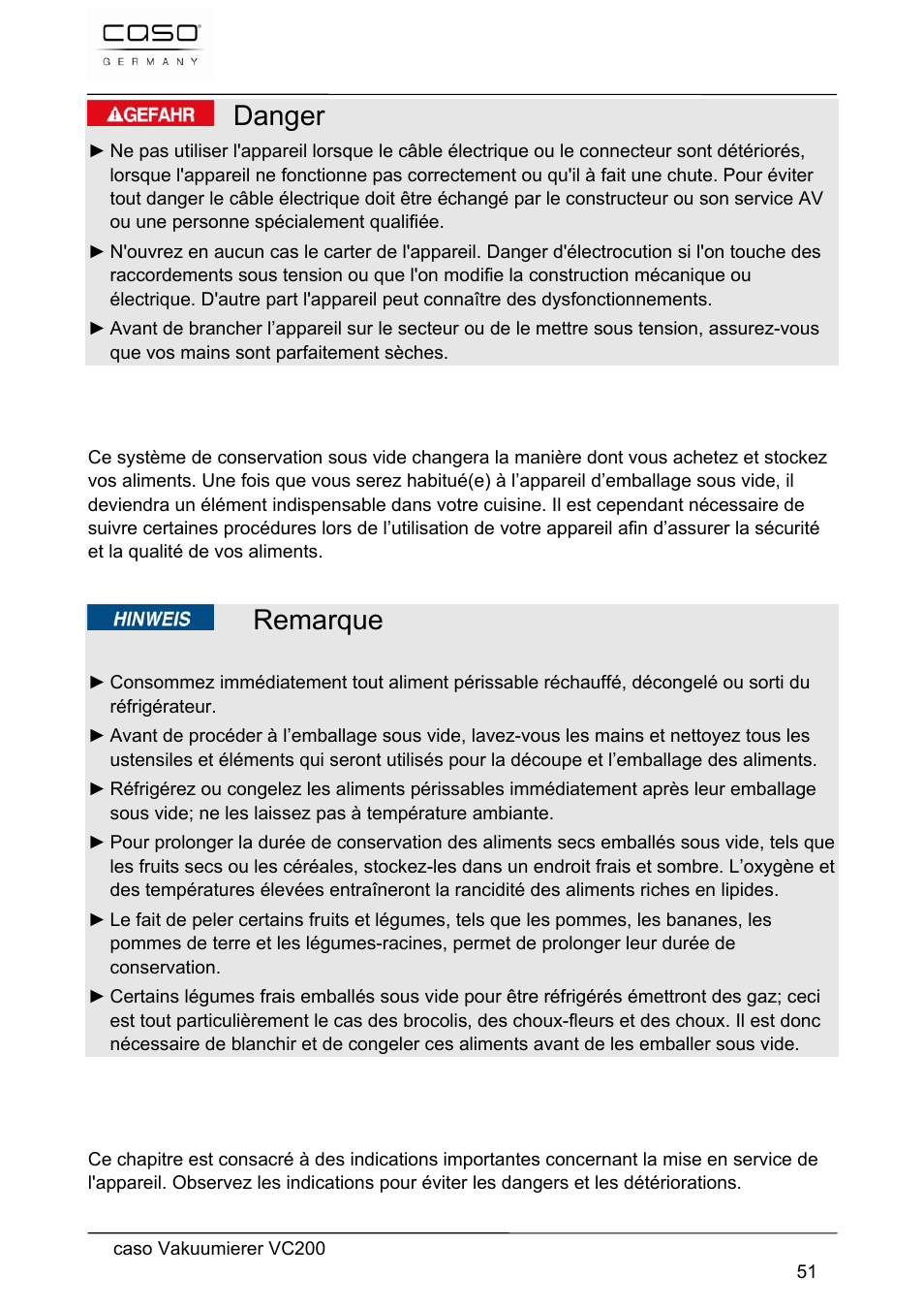 Danger, Remarque, 20 mise en service | CASO Germany VC 200 Vacuum System User Manual | Page 51 / 117