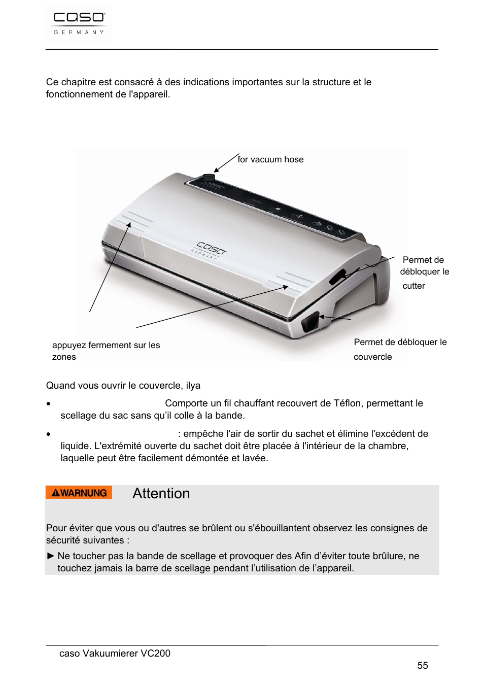 Attention, 21 structure et fonctionnement, 1 vue d'ensemble | CASO Germany VC 200 Vacuum System User Manual | Page 55 / 117