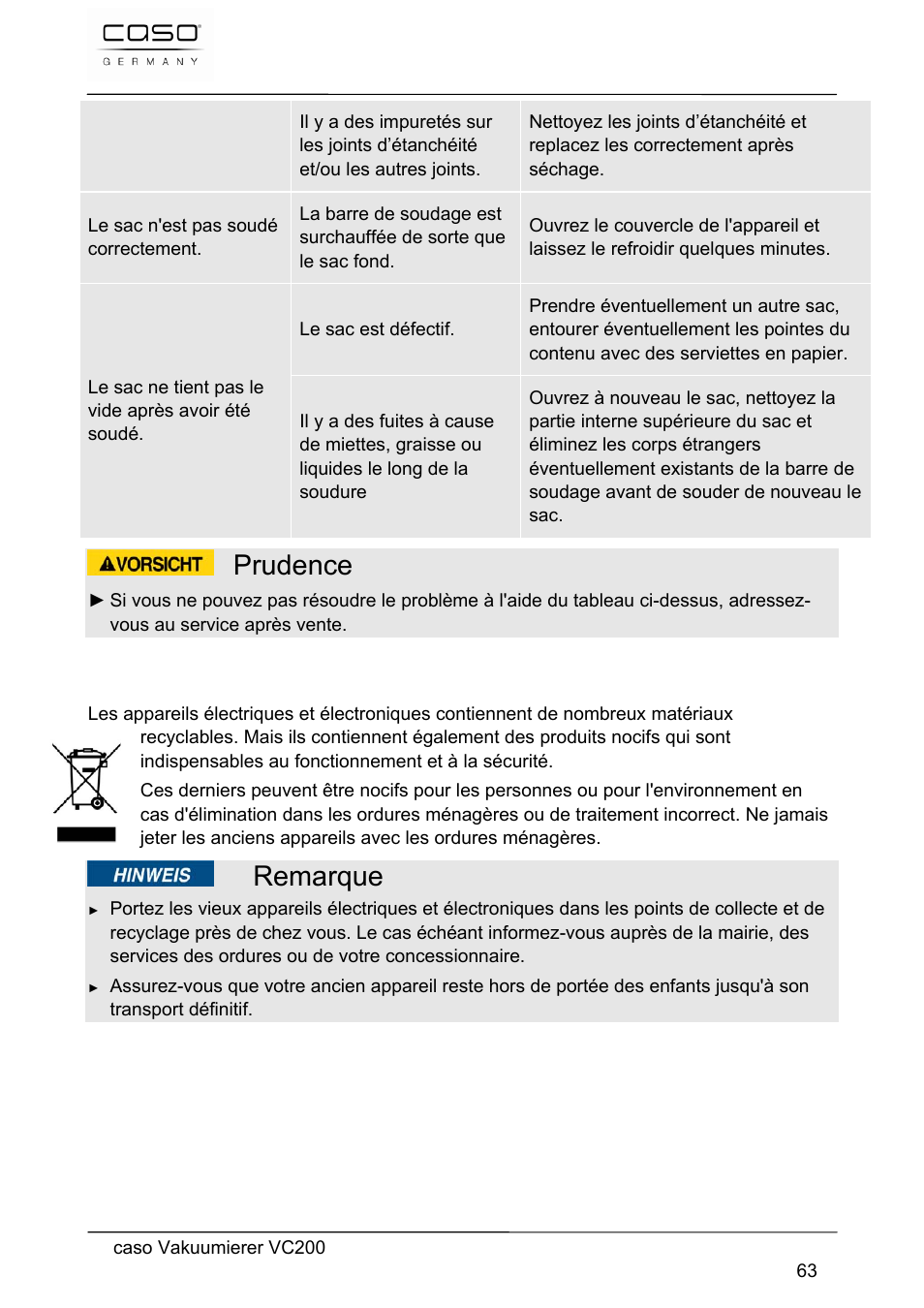 Prudence, Remarque, 25 elimination des appareils usés | CASO Germany VC 200 Vacuum System User Manual | Page 63 / 117