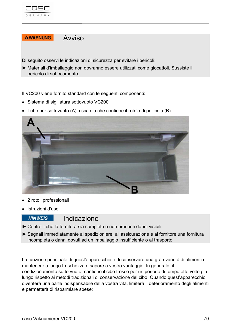 Avviso, Indicazione | CASO Germany VC 200 Vacuum System User Manual | Page 70 / 117