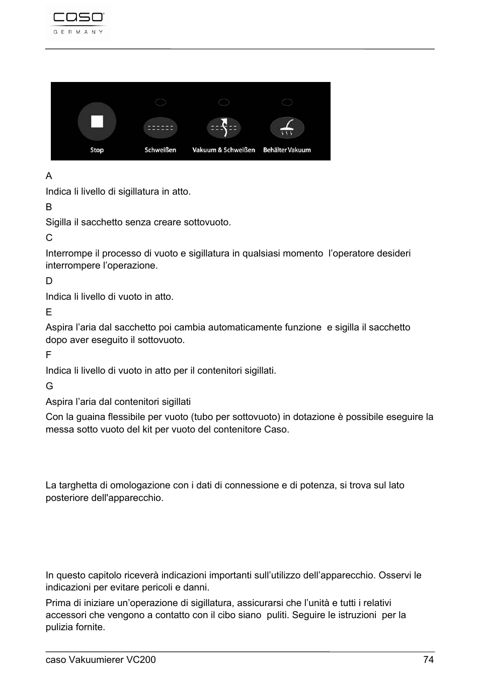 30 utilizzo e funzionamento | CASO Germany VC 200 Vacuum System User Manual | Page 74 / 117