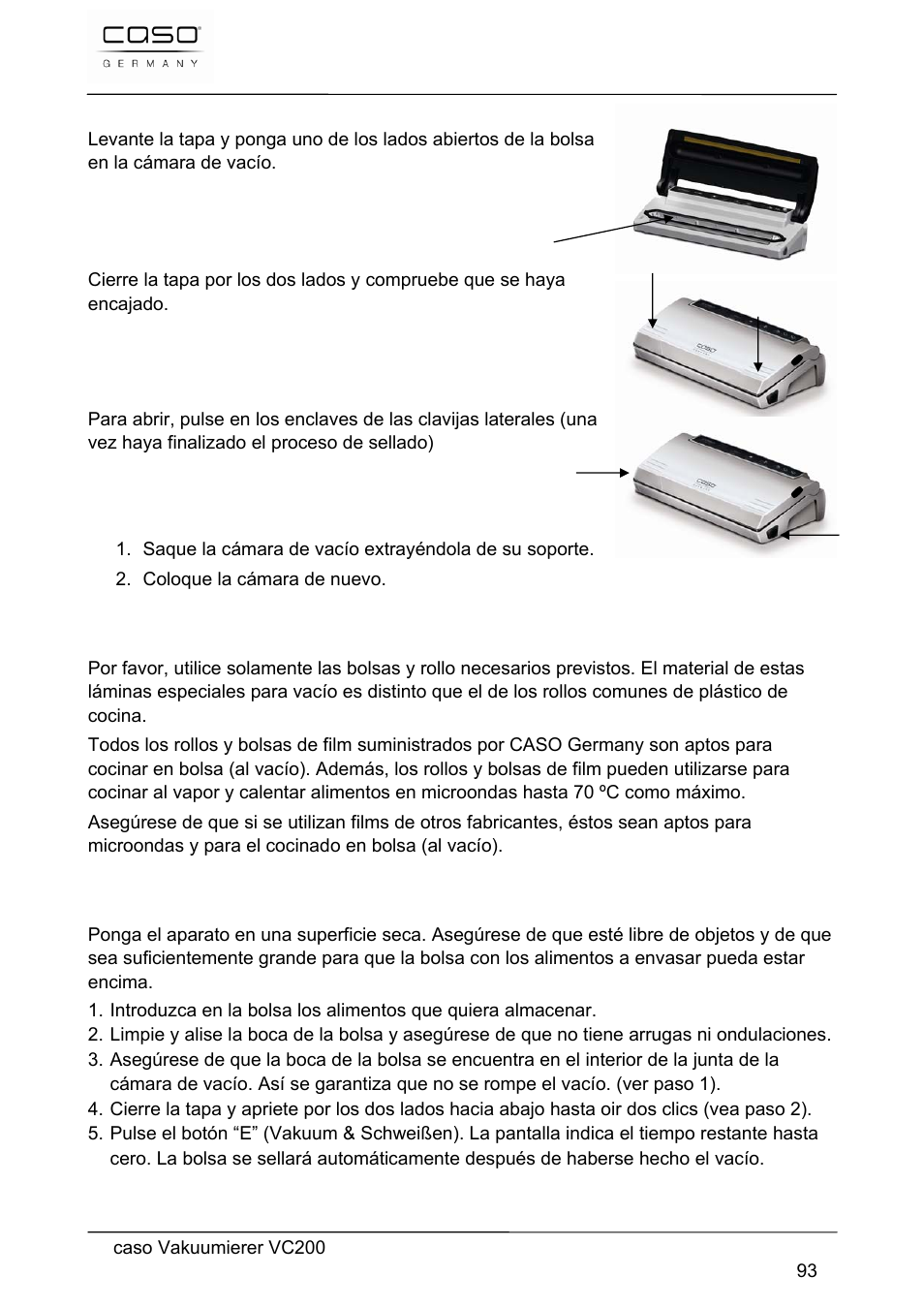 2 instrucciones para sacar la cámara de vacío, 3 bolsas y rollos, 4 envasado al vacío en bolsa | CASO Germany VC 200 Vacuum System User Manual | Page 93 / 117