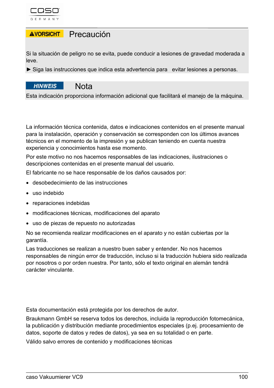Precaución, Nota | CASO Germany VC 9 Vacuum System User Manual | Page 100 / 114