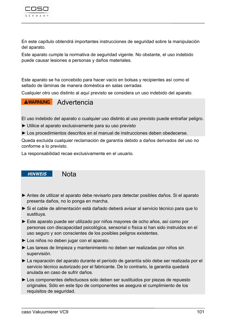 Advertencia, Nota, 54 seguridad | CASO Germany VC 9 Vacuum System User Manual | Page 101 / 114