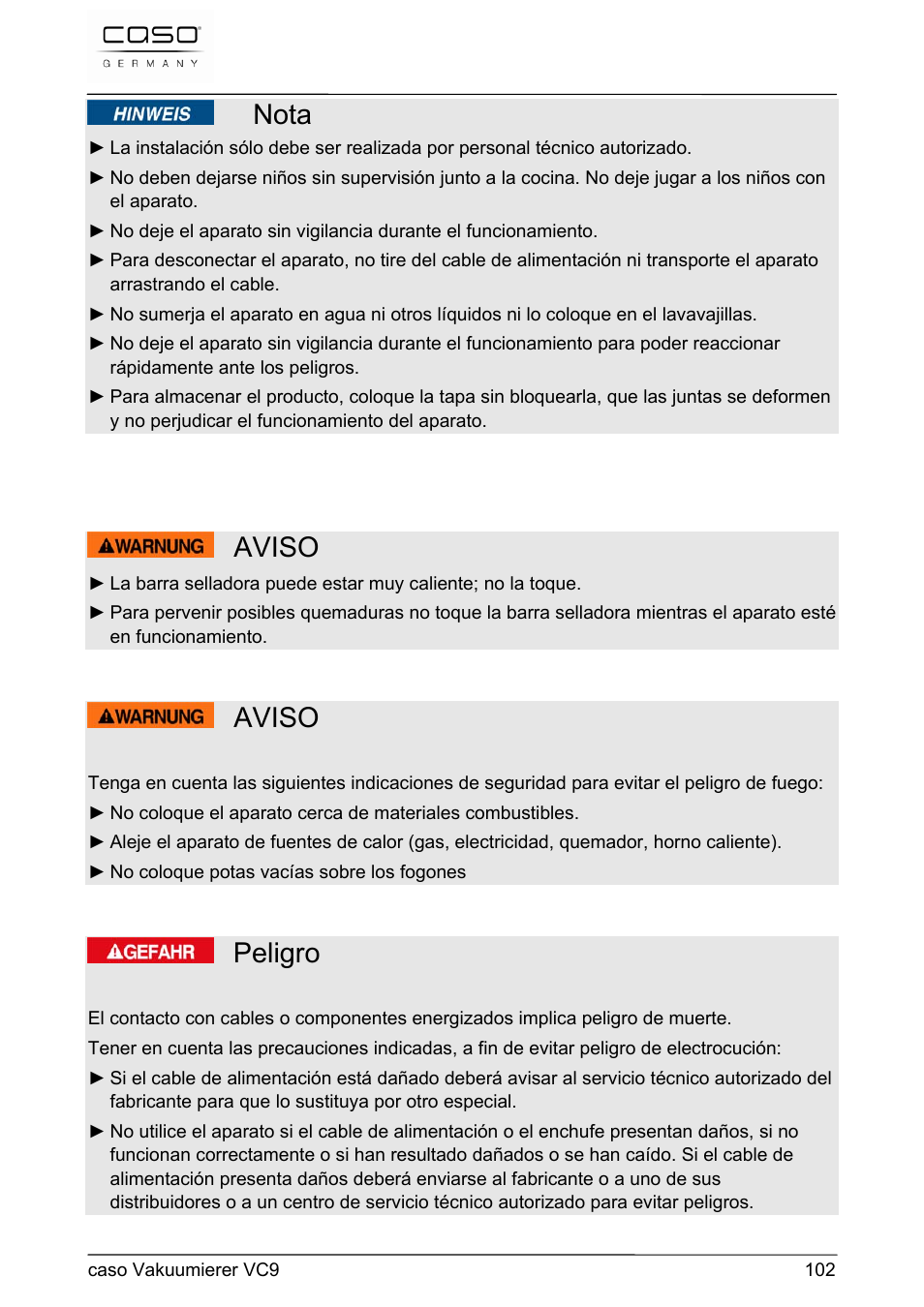 Nota, Aviso, Peligro | CASO Germany VC 9 Vacuum System User Manual | Page 102 / 114