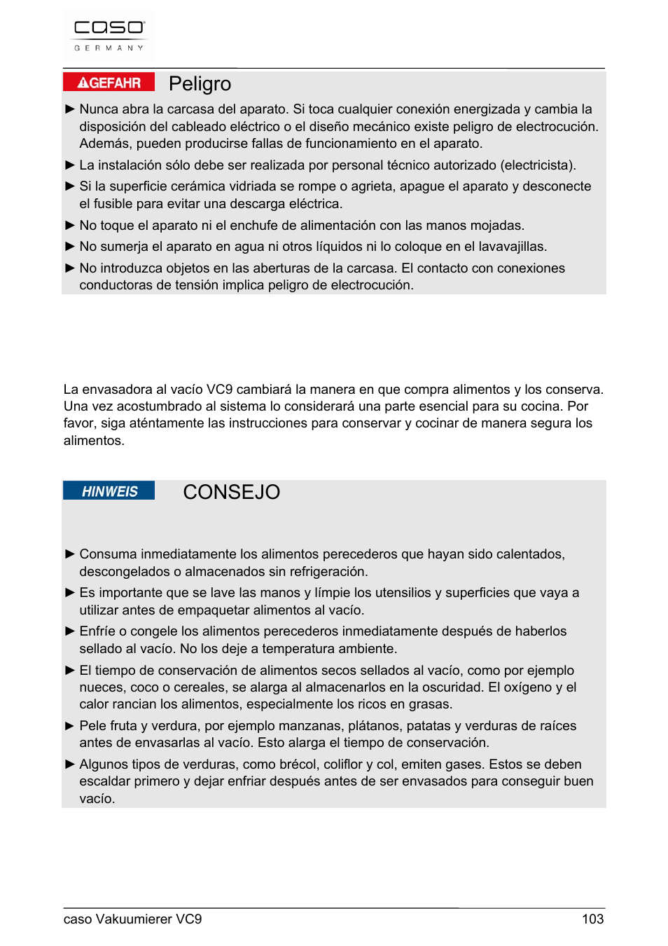 Peligro, Consejo | CASO Germany VC 9 Vacuum System User Manual | Page 103 / 114