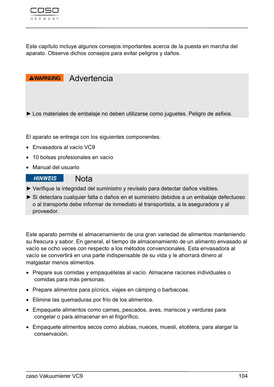 Advertencia, Nota, 56 puesta en marcha | CASO Germany VC 9 Vacuum System User Manual | Page 104 / 114