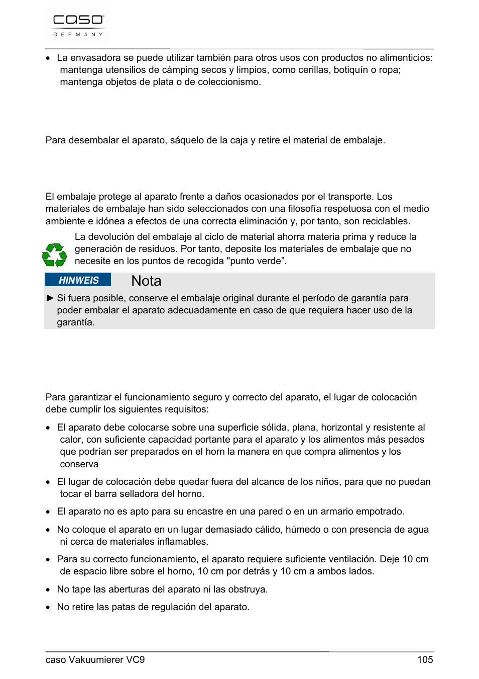 Nota | CASO Germany VC 9 Vacuum System User Manual | Page 105 / 114
