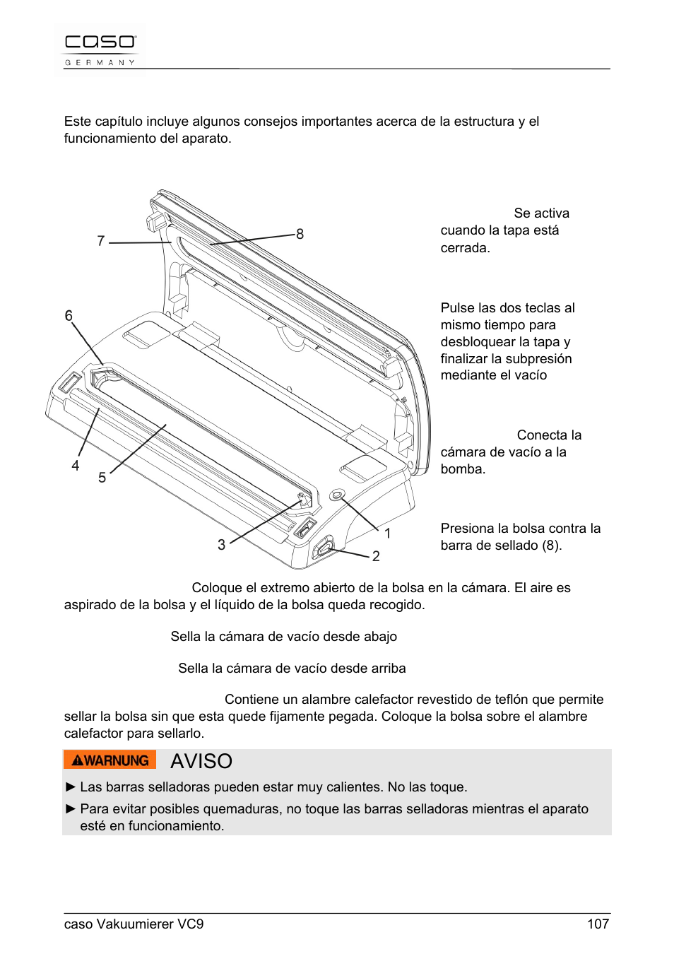 Aviso, 57 estructura y funciones, 1 descripción general | CASO Germany VC 9 Vacuum System User Manual | Page 107 / 114