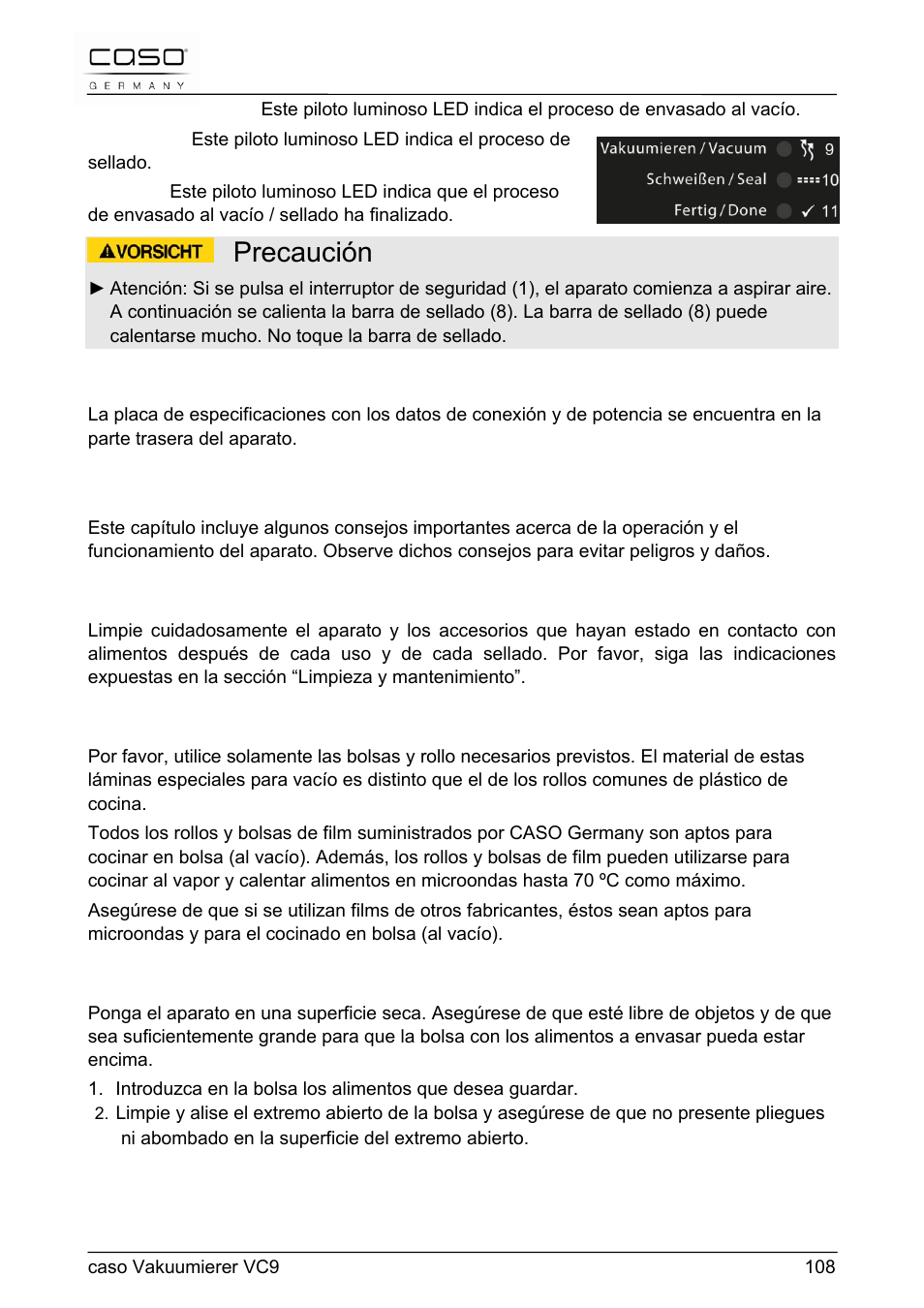 Precaución, 58 operación y funcionamiento | CASO Germany VC 9 Vacuum System User Manual | Page 108 / 114