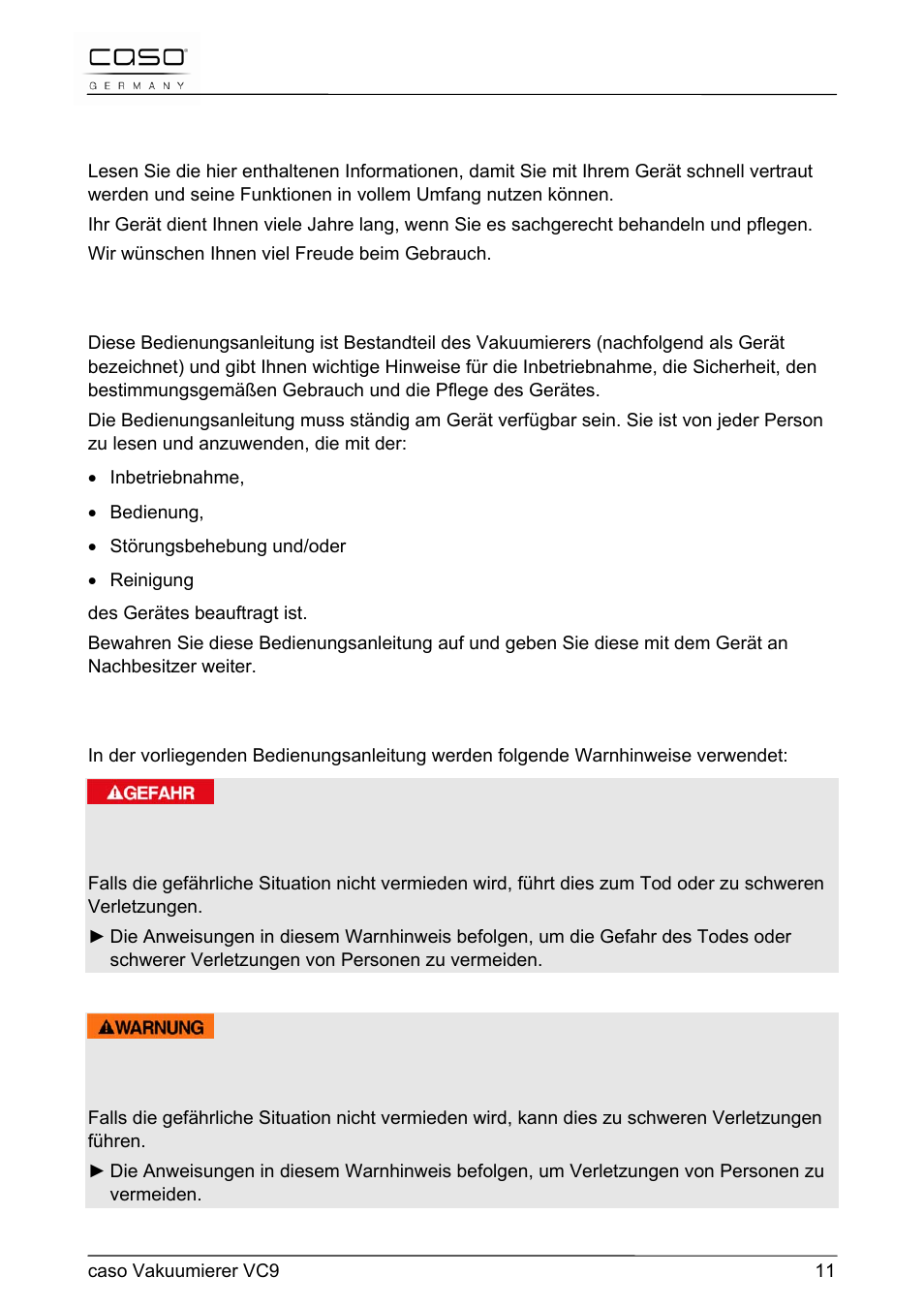 1 allgemeines | CASO Germany VC 9 Vacuum System User Manual | Page 11 / 114