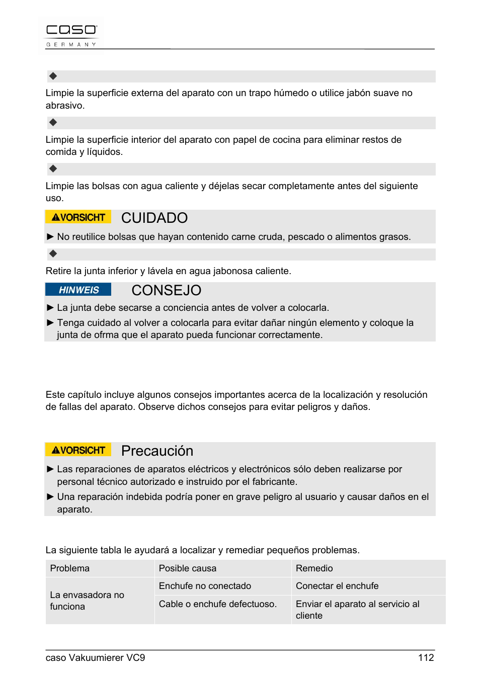Cuidado, Consejo, Precaución | 60 resolución de fallas | CASO Germany VC 9 Vacuum System User Manual | Page 112 / 114