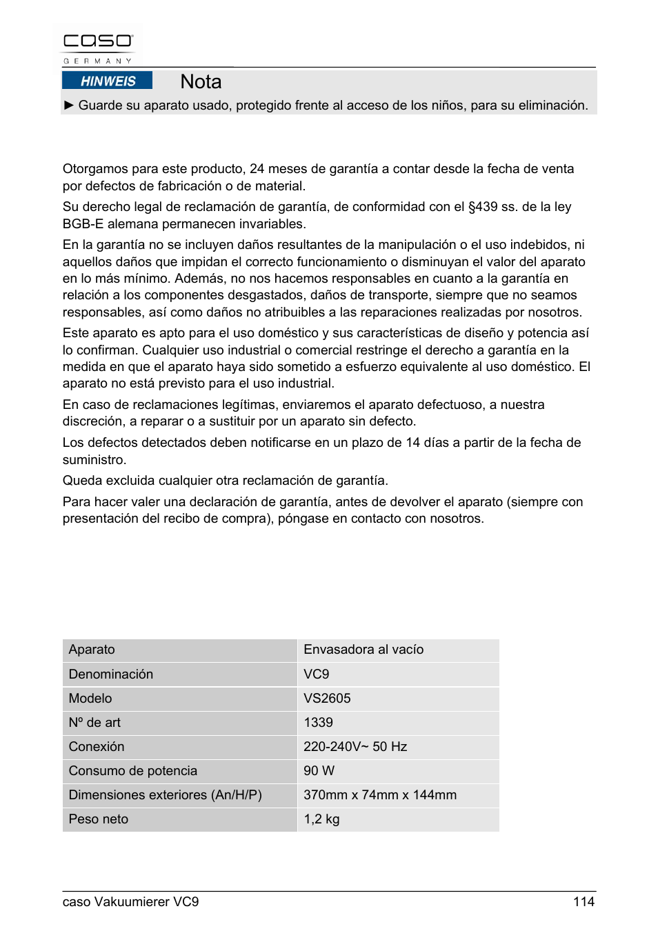 Nota, 62 garantía, 63 datos técnicos | CASO Germany VC 9 Vacuum System User Manual | Page 114 / 114