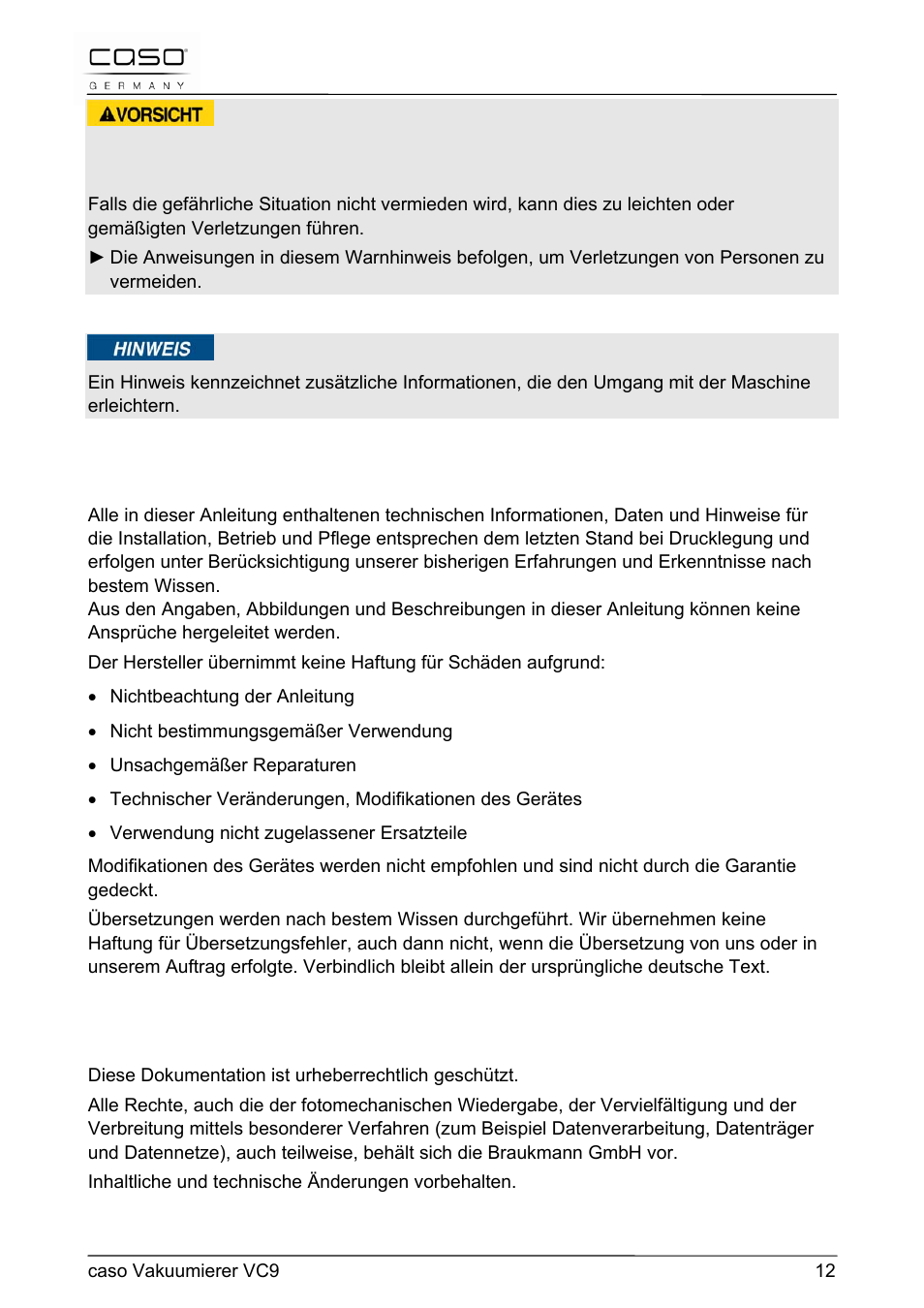 CASO Germany VC 9 Vacuum System User Manual | Page 12 / 114