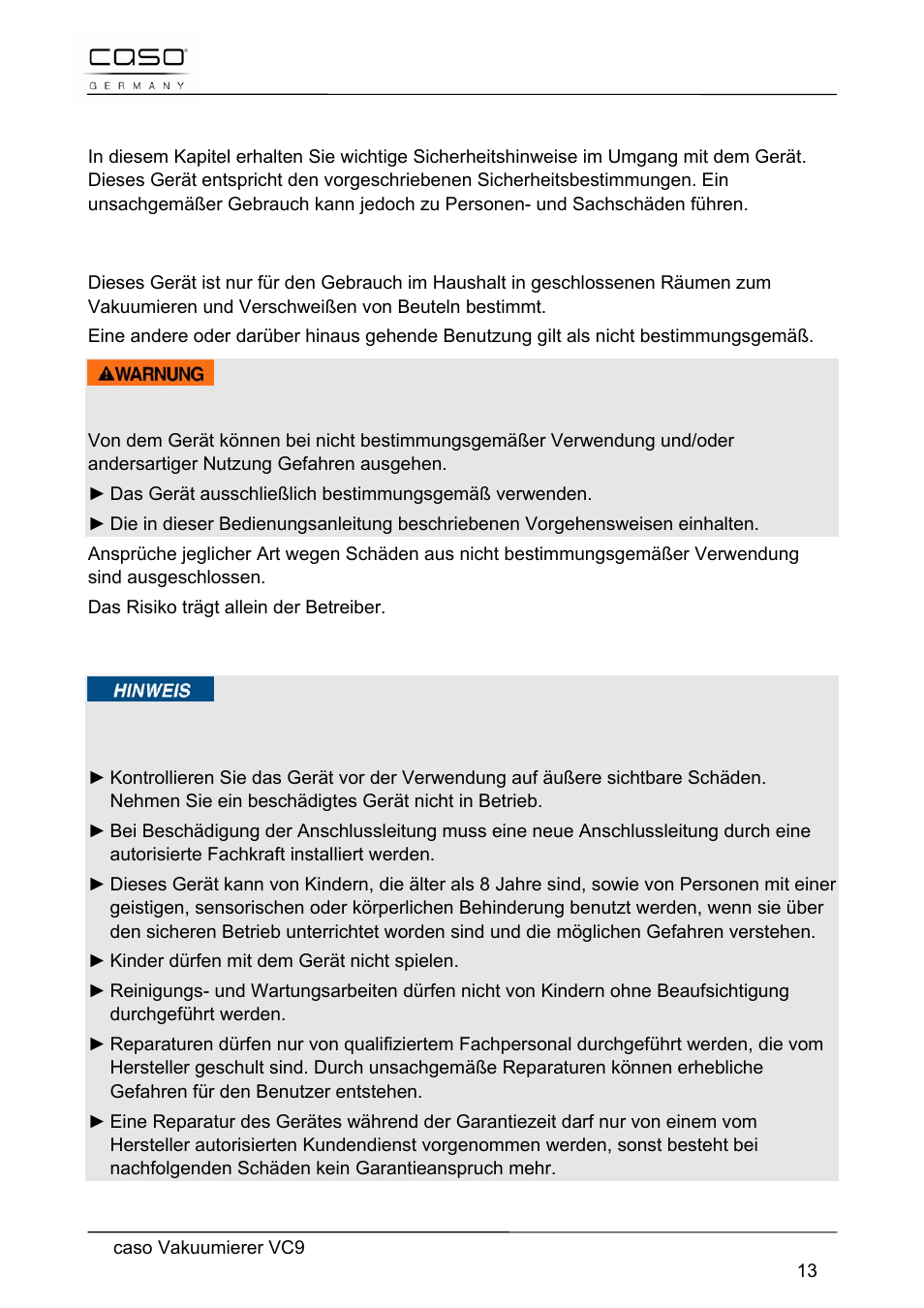 2 sicherheit | CASO Germany VC 9 Vacuum System User Manual | Page 13 / 114