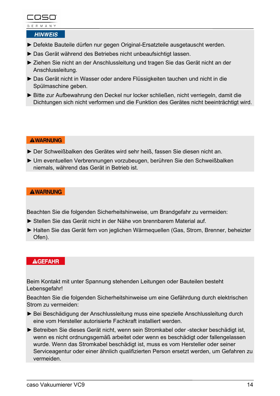 CASO Germany VC 9 Vacuum System User Manual | Page 14 / 114