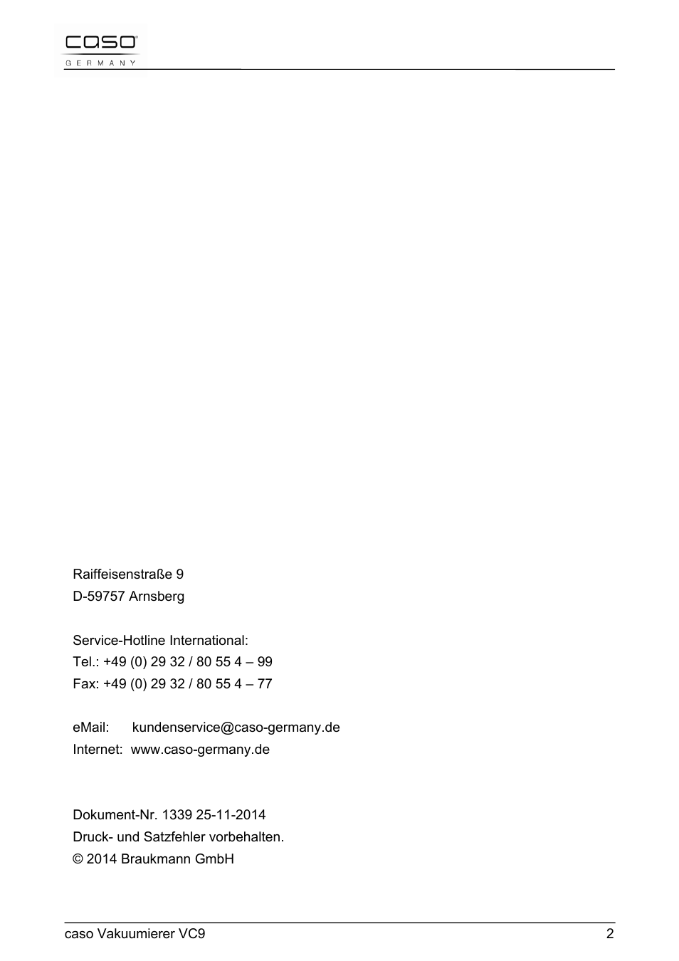 CASO Germany VC 9 Vacuum System User Manual | Page 2 / 114