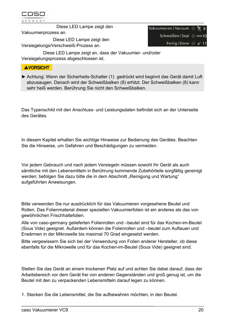 6 bedienung und betrieb, 2 typenschild, 1 inbetriebnahme | 2 beutel und rollen, 3 vakuum-verpacken in einem beutel | CASO Germany VC 9 Vacuum System User Manual | Page 20 / 114