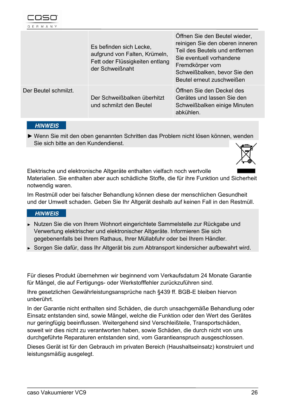 9 entsorgung des altgerätes, 10 garantie | CASO Germany VC 9 Vacuum System User Manual | Page 26 / 114