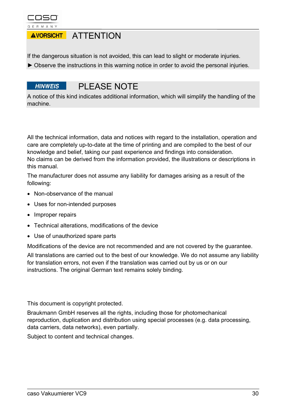 Attention | CASO Germany VC 9 Vacuum System User Manual | Page 30 / 114