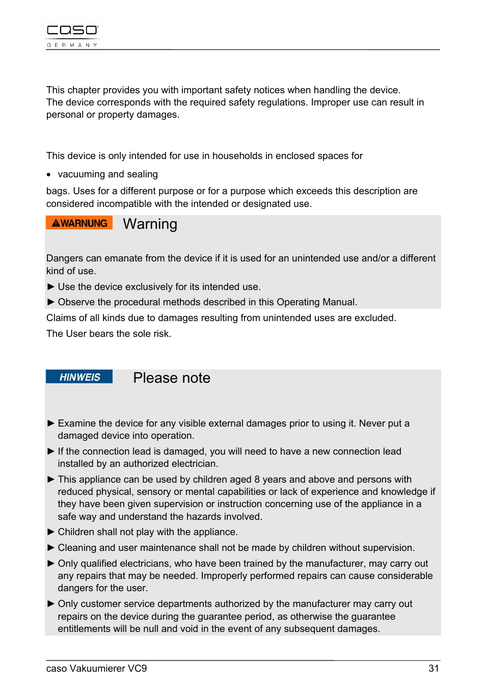 Warning, 13 safety | CASO Germany VC 9 Vacuum System User Manual | Page 31 / 114