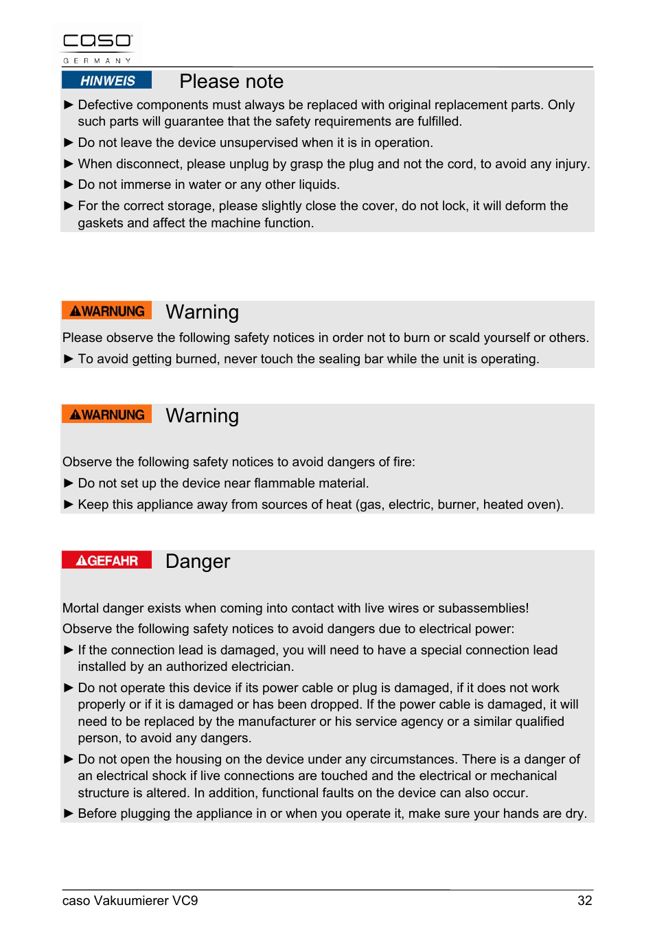 Warning, Danger | CASO Germany VC 9 Vacuum System User Manual | Page 32 / 114