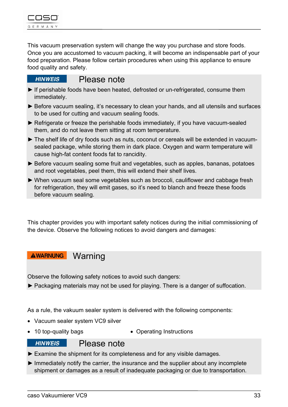 Warning, 14 commissioning | CASO Germany VC 9 Vacuum System User Manual | Page 33 / 114