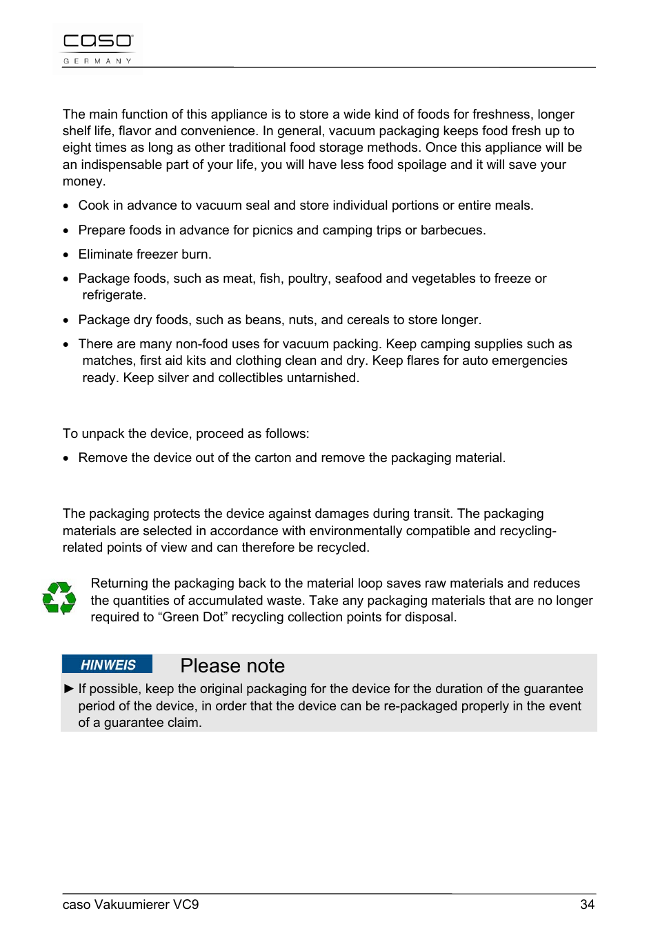 CASO Germany VC 9 Vacuum System User Manual | Page 34 / 114