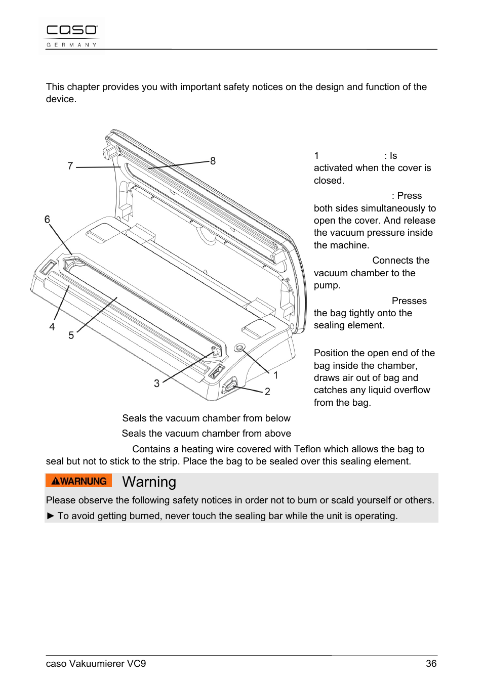 Warning, 15 design and function | CASO Germany VC 9 Vacuum System User Manual | Page 36 / 114