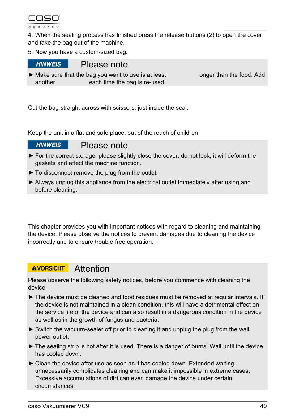 Attention, 17 cleaning and maintenance | CASO Germany VC 9 Vacuum System User Manual | Page 40 / 114