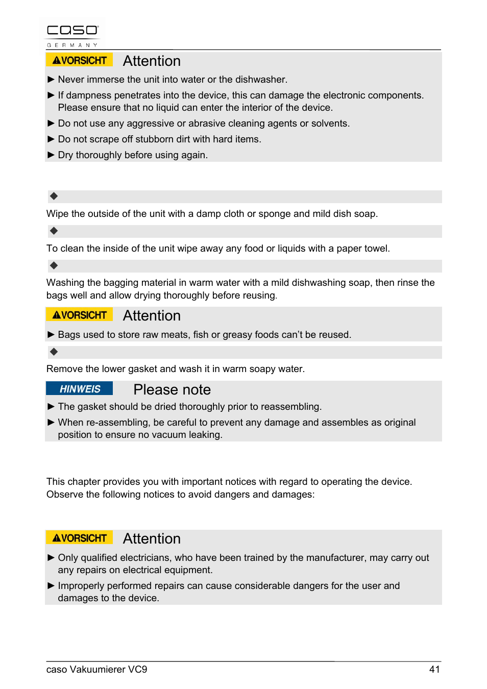 Attention, 18 troubleshooting | CASO Germany VC 9 Vacuum System User Manual | Page 41 / 114