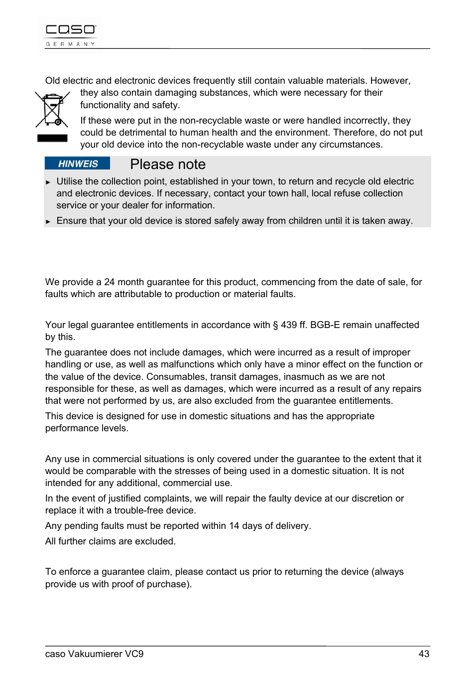 19 disposal of the old device, 20 guarantee | CASO Germany VC 9 Vacuum System User Manual | Page 43 / 114