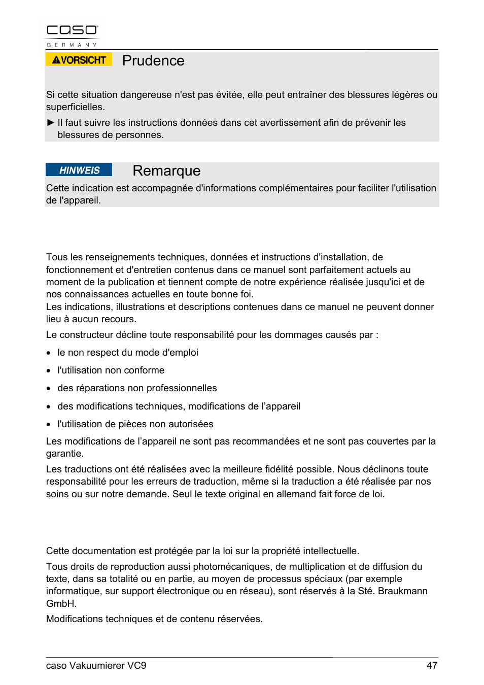 Prudence, Remarque | CASO Germany VC 9 Vacuum System User Manual | Page 47 / 114