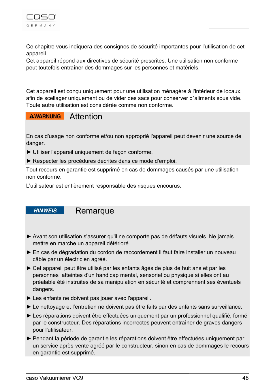 Attention, Remarque, 23 sécurité | CASO Germany VC 9 Vacuum System User Manual | Page 48 / 114