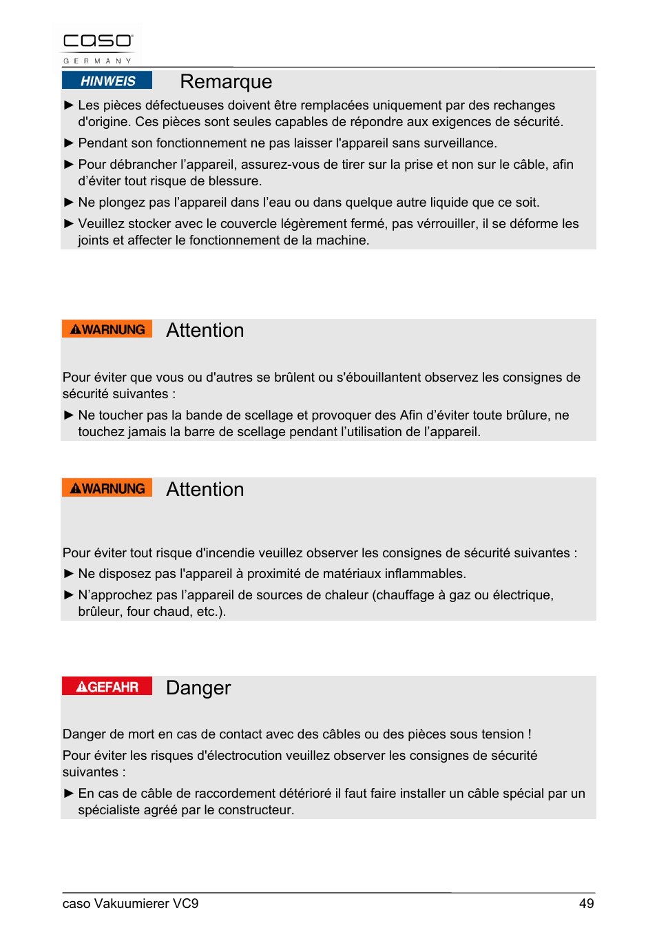 Remarque, Attention, Danger | CASO Germany VC 9 Vacuum System User Manual | Page 49 / 114