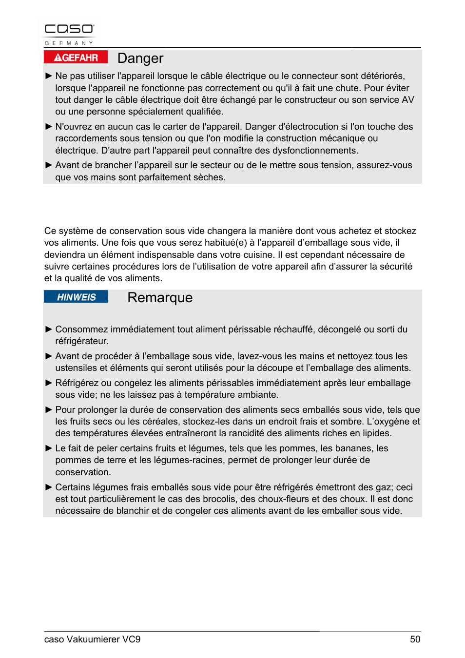 Danger, Remarque | CASO Germany VC 9 Vacuum System User Manual | Page 50 / 114