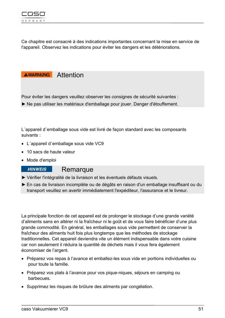 Attention, Remarque, 24 mise en service | CASO Germany VC 9 Vacuum System User Manual | Page 51 / 114